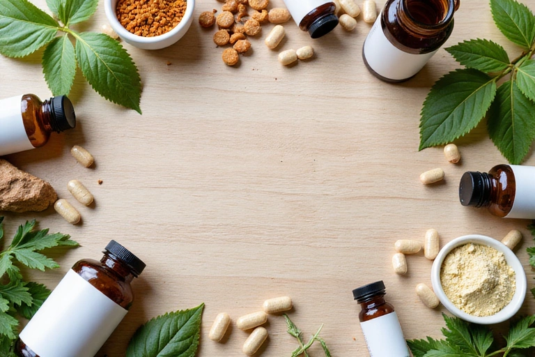 Zestaw naturalnych suplementów i ziół na stole, symbolizujący wsparcie zdrowia.