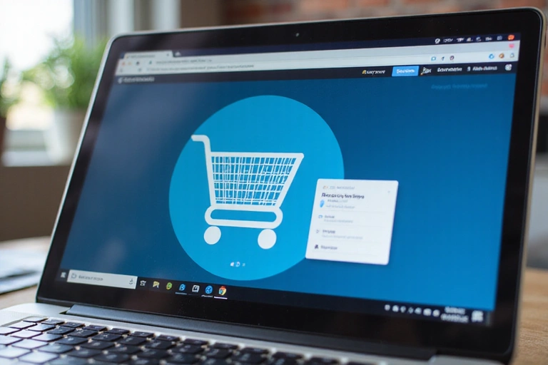 Ekran laptopa z otwartym sklepem internetowym i koszykiem zakupowym